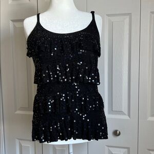INC Black Sequin Ruffle Knit Tank Top (XL)